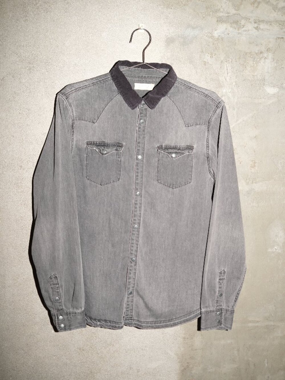 AllSaints Gray Denim Western Shirt Corduroy Collar